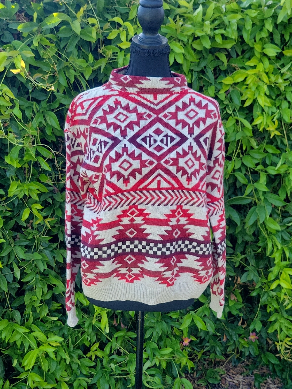 Aztec Tribal Patterned Red and Cream Crewneck Sweater With Western Vibe
